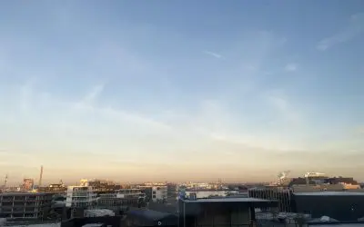 Amsterdam: no blue sky, white chem veil; they must have been spraying from early morning on, maybe even during the night